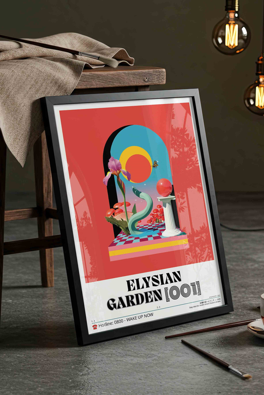Soyut Sürreal Bahçe Çiçek Tablosu – Estetik Y2K Sanat Posteri – Siyah Çerçeveli