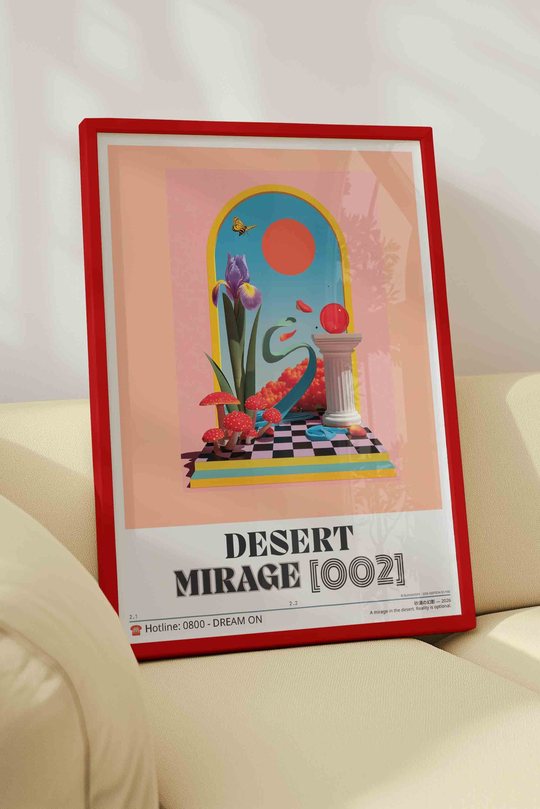 Soyut Sürreal Çiçek Mantar Tablosu – Estetik Y2K Sanat Posteri – Kırmızı Çerçeveli