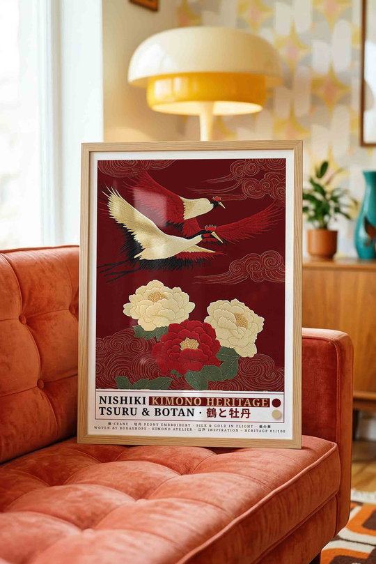 Turna Kuşu Şakayık Çiçeği Tablosu Kırmızı – NISHIKI Nakış Sanat Posteri – Ahşap Çerçeveli