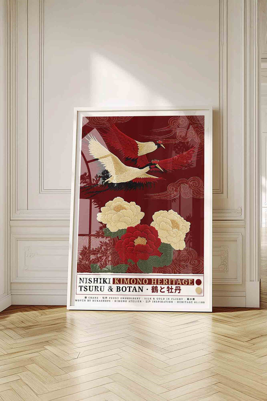 Turna Kuşu Şakayık Çiçeği Tablosu Kırmızı – NISHIKI Nakış Sanat Posteri – Beyaz Çerçeveli