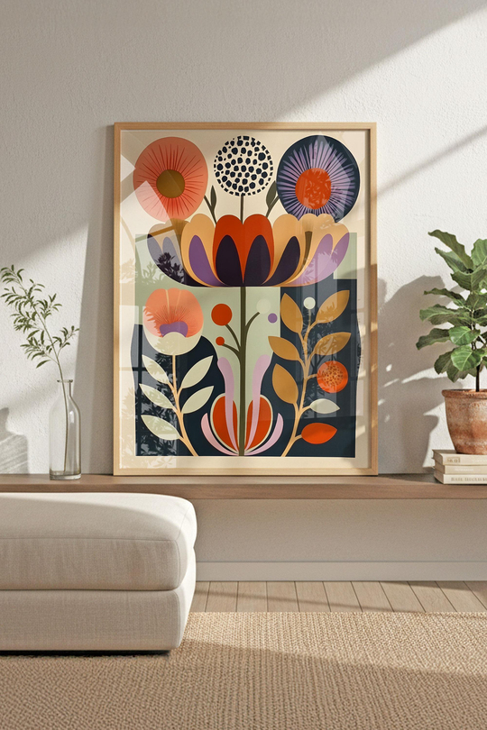 Ürün Adı: Modern Folk-Art Çiçek Bahçesi - Ahşap Çerçeveli Tablo