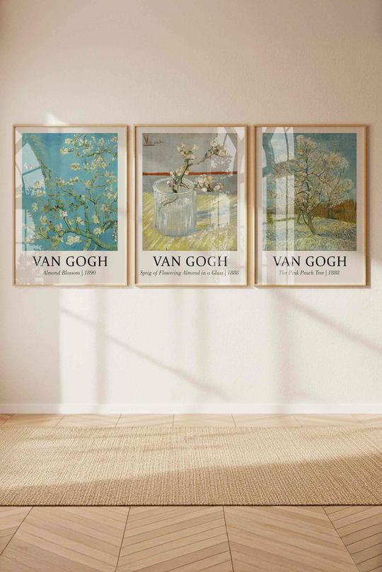 Van Gogh Badem Çiçeği Serisi 3'lü Tablo Seti Çerçeveli Renk Seçenekli