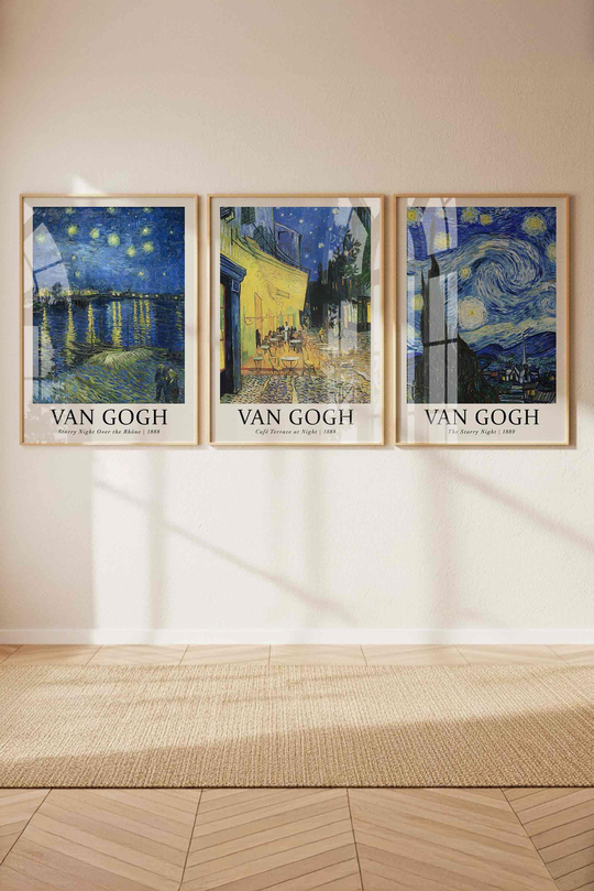 Van Gogh'un Yıldızlı Geceleri: 3'lü Sanatsal Tablo Koleksiyonu Çerçeveli Renk Seçenekli