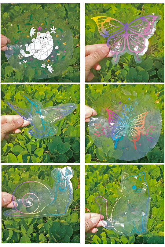 6 Adet Holografik Suncatcher Güneş Yakalayıcı Sticker Seti | Kedi, Kelebek, Sinek Kuşu Desenli Gökkuşağı Pencere Çıkartmaları 