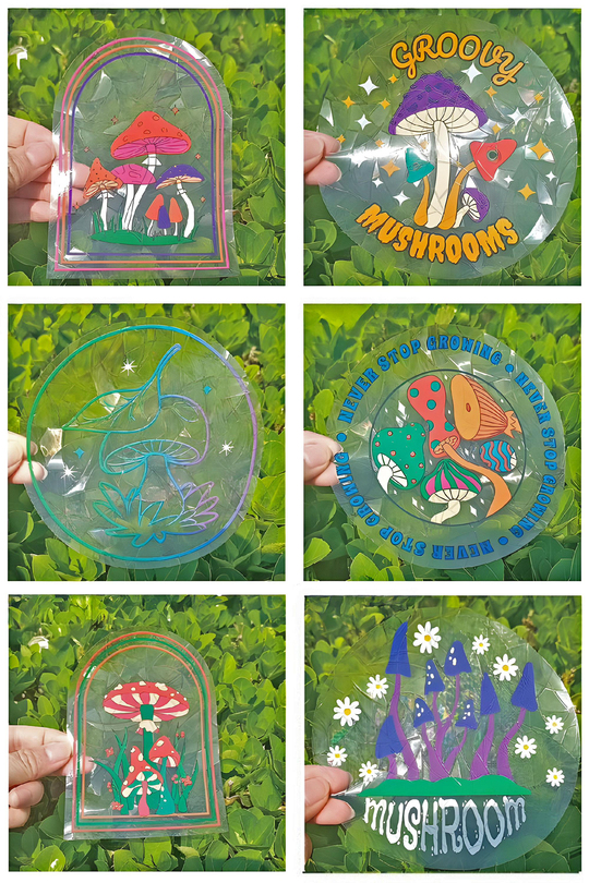 6'lı Holografik Botanik Mushroom Sun Catcher Güneş Yakalayıcı Sticker Seti - Gökkuşağı Pencere Filmi