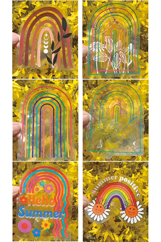 6'lı Holografik Gökkuşağı Güneş Yakalayıcı Sticker Seti - Boho, Minimalist, Yaz Temalı Pencere Çıkartmaları