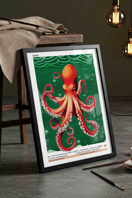 Ahtapot Tablosu Kırmızı Yeşil Okyanus – Modern İllüstrasyon Sanat Posteri – Siyah Çerçeveli