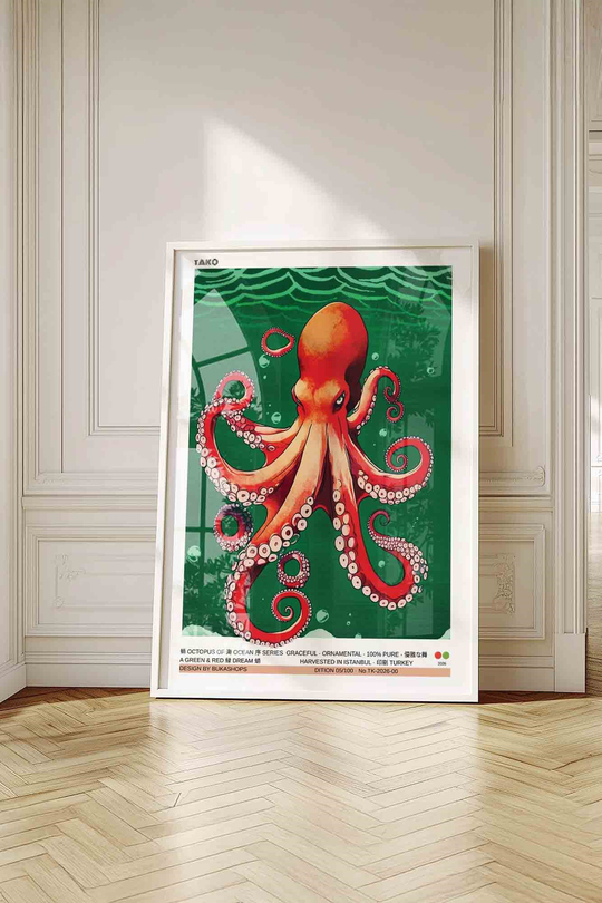 Ahtapot Tablosu Kırmızı Yeşil Okyanus – Modern İllüstrasyon Sanat Posteri – Beyaz Çerçeveli