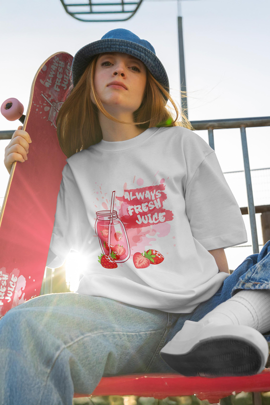 Always Fresh Juice - Çilekli Yaz Tasarım Oversize T-Shirt