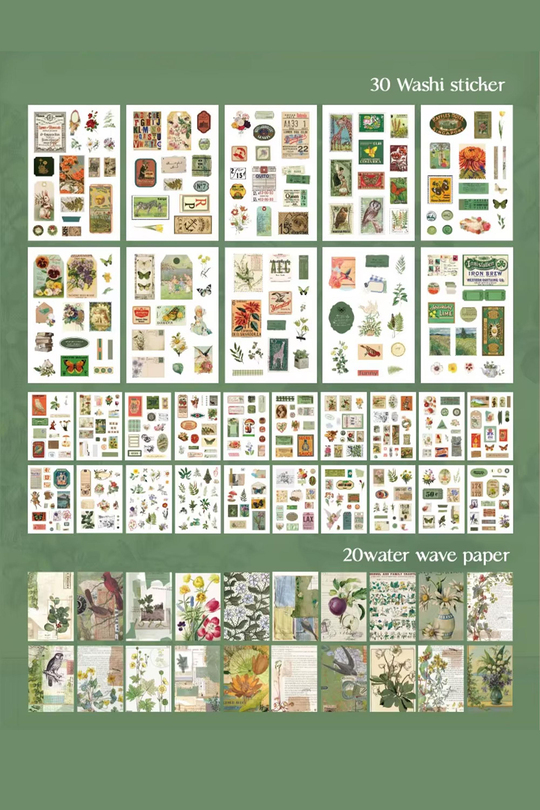 Bullet Journal ve Scrapbook Sticker Seti - 50 Sayfa Yeşil Orman ve Botanik Temalı Ajanda Süsleme