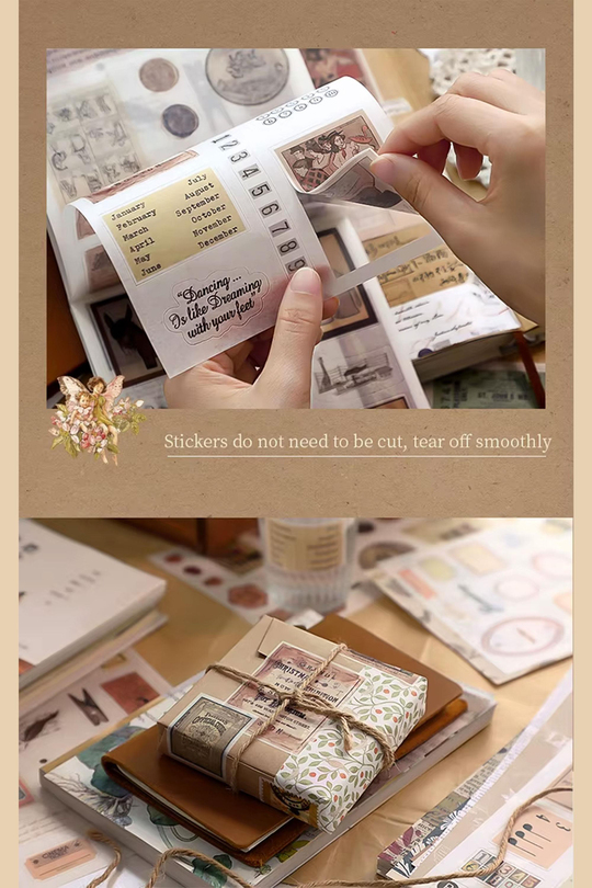 Bullet Journal ve Scrapbook Sticker Seti - 50 Sayfa Vintage Kraft ve Retro Efemera Temalı Ajanda Süsleme