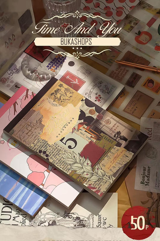Bullet Journal ve Scrapbook Sticker Seti - 50 Sayfa Vintage Kraft ve Retro Efemera Temalı Ajanda Süsleme