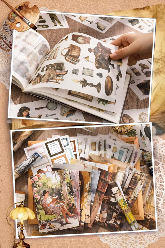 Bullet Journal ve Scrapbook Sticker Seti - 50 Sayfa Vintage Kitap Temalı Ajanda Süsleme