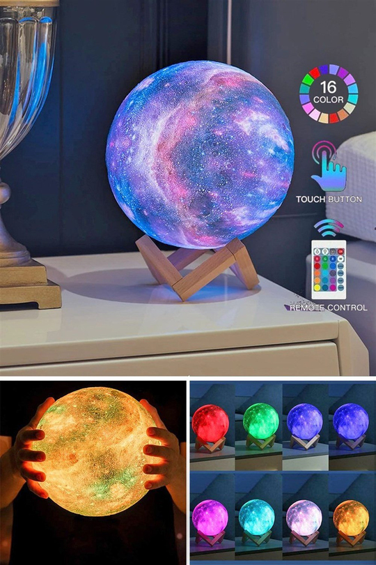 Büyük Boy 16 Renkli Galaxy 3D Ay Gece Lambası Şarjlı Kumandalı