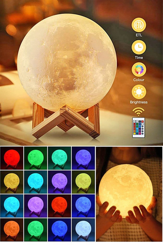 Büyük Boy 16 Renkli Moon 3D Ay Gece Lambası Şarjlı Kumandalı
