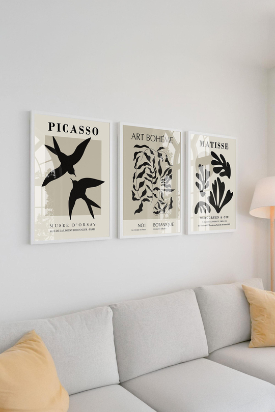 Çerçeveli Minimalist Siyah Beyaz Koleksiyonu: Picasso & Matisse 3'lü Premium Tablo Seti