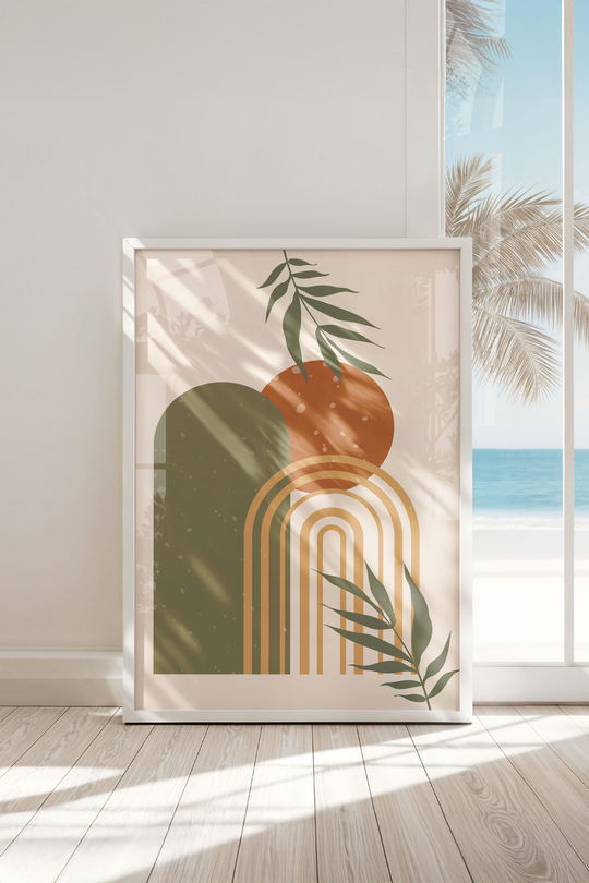Çerçeveli Modern Abstract Geometrik ve Botanik Esintili 3'lü Premium Tablo Seti