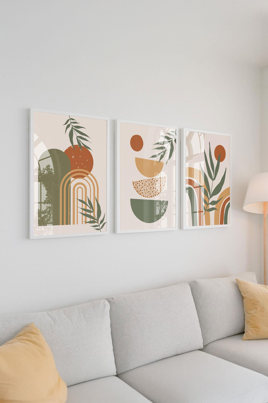 Çerçeveli Modern Abstract Geometrik ve Botanik Esintili 3'lü Premium Tablo Seti
