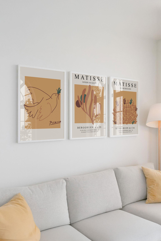 Çerçeveli Picasso Barış Güvercini ve Matisse Kağıt Kesimleri: 3'lü Premium Tablo Seti