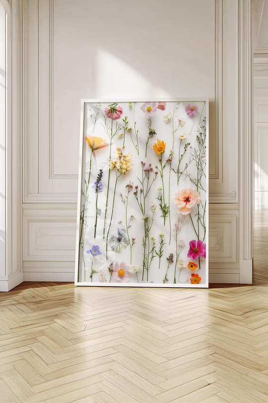 Çerçeveli Premium Botanik Tablo: Gerçekçi Çiçek İllüstrasyonları ve Minimalist Zarafet