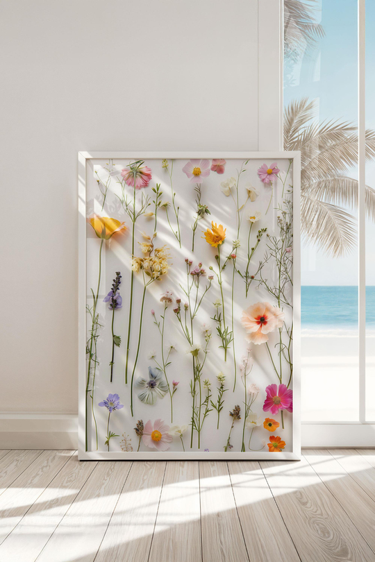 Çerçeveli Premium Botanik Tablo: Gerçekçi Çiçek İllüstrasyonları ve Minimalist Zarafet