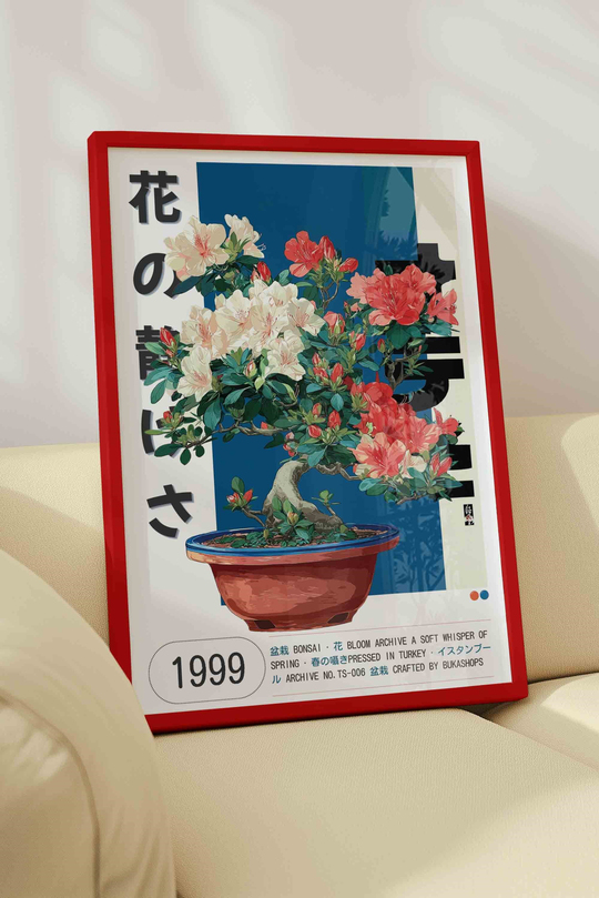 Çiçekli Bonsai Açelya Saksı Tablosu Retro – Botanik İllüstrasyon Sanat Posteri – Kırmızı Çerçeveli