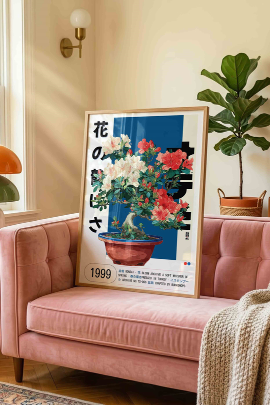 Çiçekli Bonsai Açelya Saksı Tablosu Retro – Botanik İllüstrasyon Sanat Posteri – Ahşap Çerçeveli