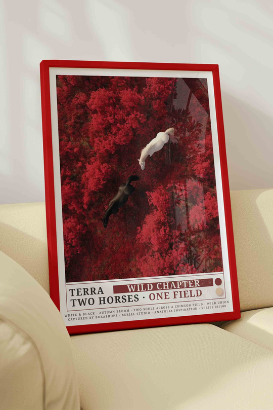 Çift At Tablosu Kırmızı Sonbahar Ormanı – TERRA Havadan Sanat Posteri – Kırmızı Çerçeveli