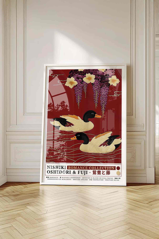 Çift Ördek Mor Salkım Çiçek Tablosu Kırmızı – NISHIKI Nakış Sanat Posteri – Beyaz Çerçeveli