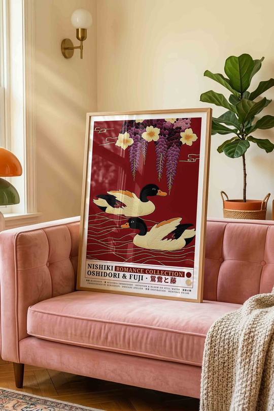 Çift Ördek Mor Salkım Çiçek Tablosu Kırmızı – NISHIKI Nakış Sanat Posteri – Ahşap Çerçeveli