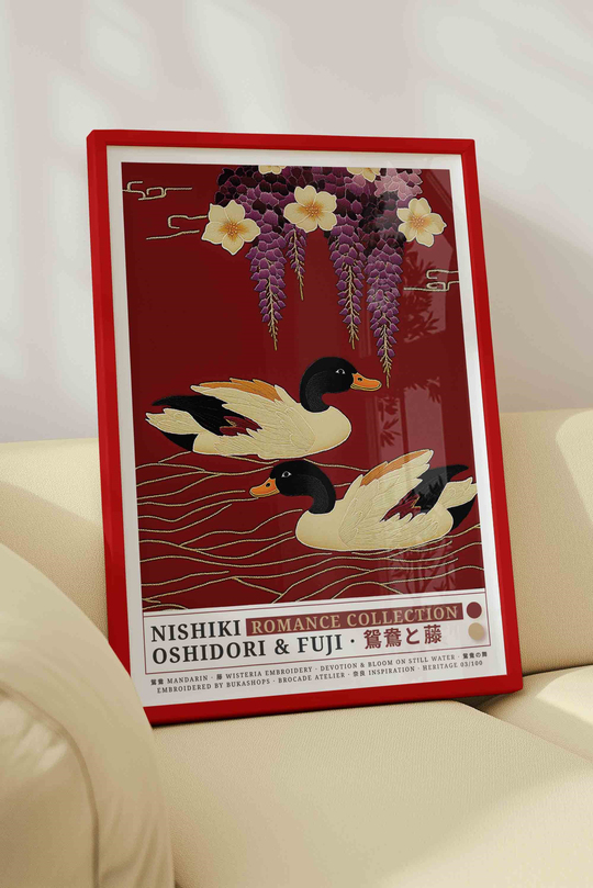 Çift Ördek Mor Salkım Çiçek Tablosu Kırmızı – NISHIKI Nakış Sanat Posteri – Kırmızı Çerçeveli