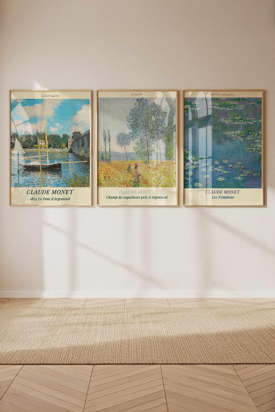 Claude Monet 3'lü Çerçeveli Tablo Setii Çerçeveli Renk Seçenekli