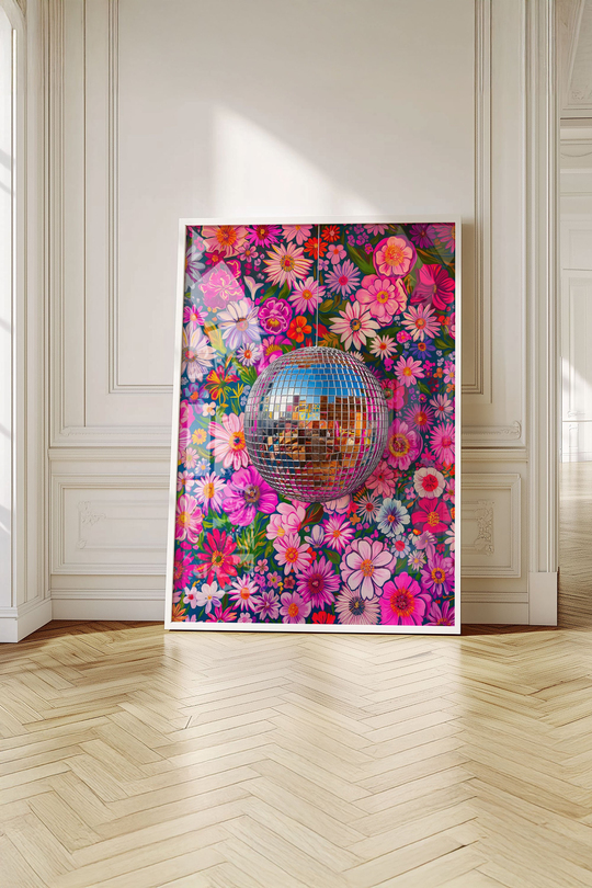 Dopamine Decor Çiçekli Disko Topu - Beyaz Çerçeveli Retro Tablo
