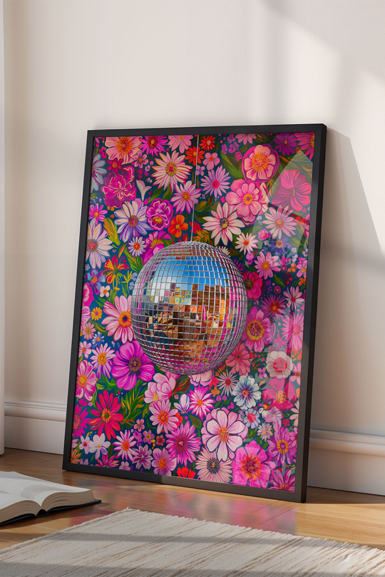 Dopamine Decor Çiçekli Disko Topu - Siyah Çerçeveli Retro Tablo