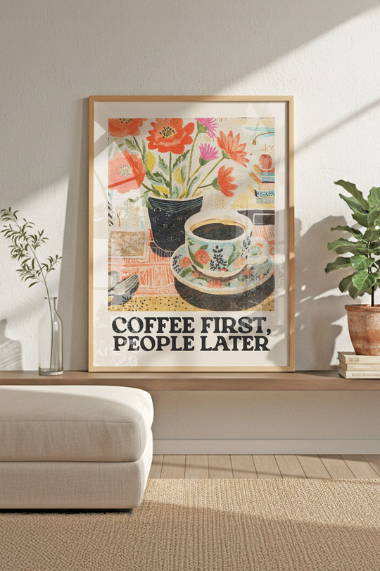 Dopamine Decor Coffee First People Later - Kahve Köşesi İçin Ahşap Çerçeveli Retro Tablo