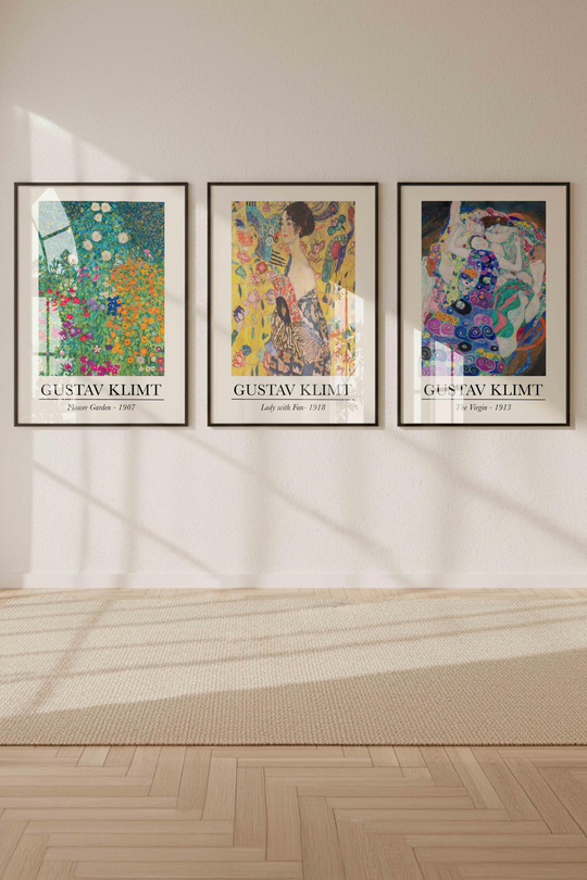 Gustav Klimt Sanat Koleksiyonu: 3'lü Küratörlü Tablo Seti Çerçeveli Renk Seçenekli