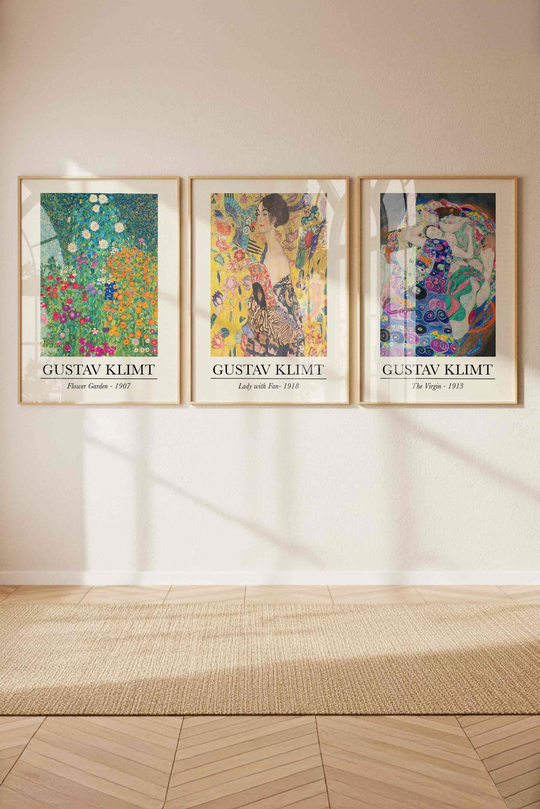 Gustav Klimt Sanat Koleksiyonu: 3'lü Küratörlü Tablo Seti Çerçeveli Renk Seçenekli
