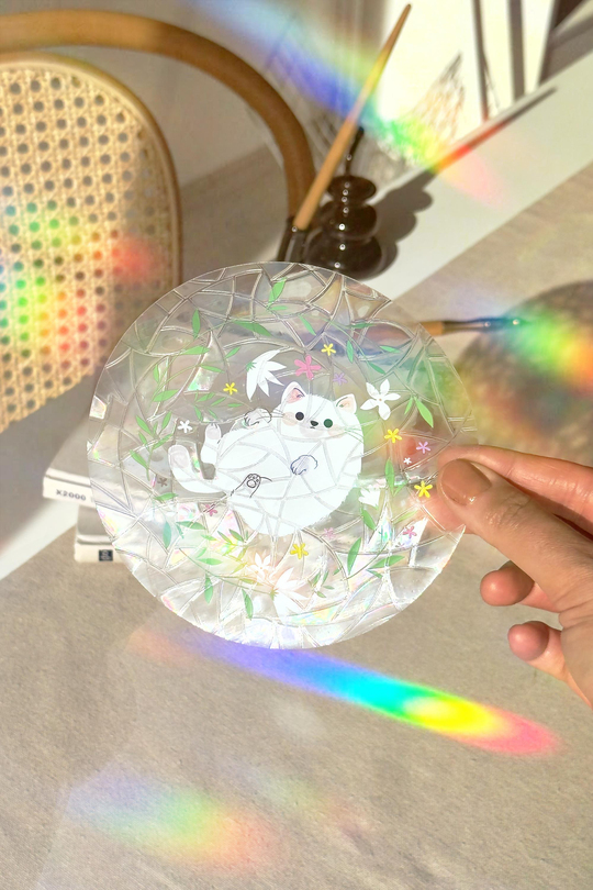 Holografik Sevimli Kedi Sun Catcher Sticker - Çiçek Bahçesi Gökkuşağı Pencere Filmi