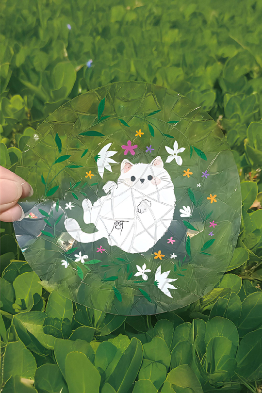 Holografik Sevimli Kedi Sun Catcher Sticker - Çiçek Bahçesi Gökkuşağı Pencere Filmi