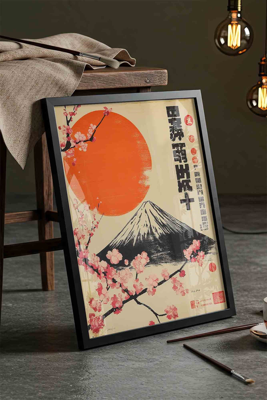 Japandi Tarzı Fuji Dağı ve Sakura Çiçekleri - Siyah Çerçeveli Tablo