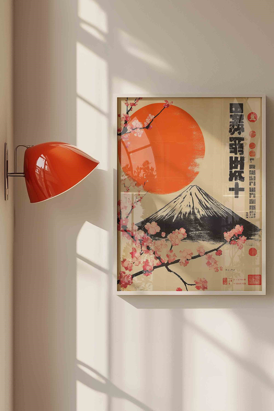 Japandi Tarzı Fuji Dağı ve Sakura Çiçekleri - Beyaz Çerçeveli Tablo