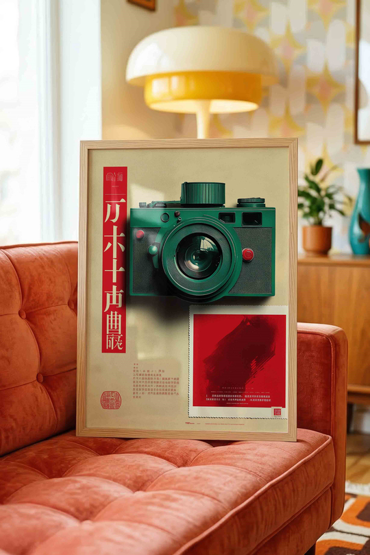 Japandi Tarzı Retro Yeşil Fotoğraf Makinesi Dopamin Dekor - Ahşap Çerçeveli Tablo