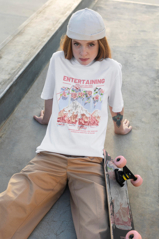 Japanese Aesthetic - Sakura & Mountain Grafik Oversize T-Shirt