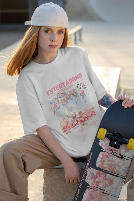 Japanese Aesthetic - Sakura & Mountain Grafik Oversize T-Shirt