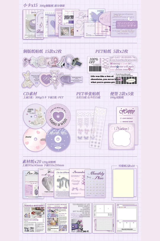 Journal ve Scrapbook Seti - 101 Parça Mor Coquette Tavşan Temalı Sticker ve Kağıt Kiti