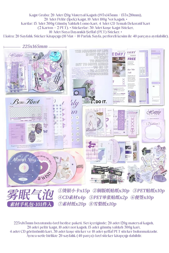 Journal ve Scrapbook Seti - 101 Parça Mor Coquette Tavşan Temalı Sticker ve Kağıt Kiti