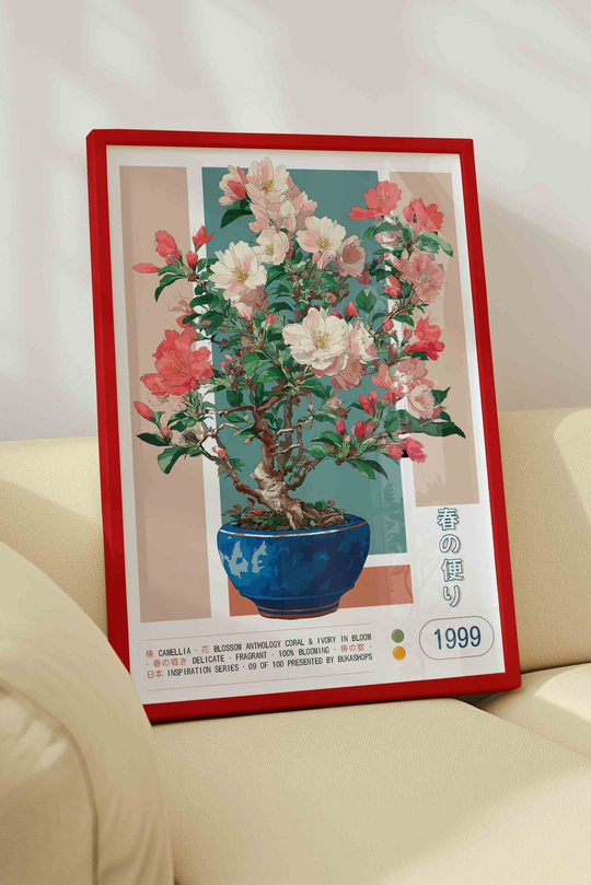 Kamelya Çiçeği Saksı Tablosu Pastel – Botanik Anime Sanat Posteri – Kırmızı Çerçeveli