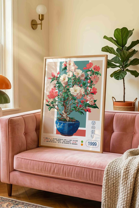 Kamelya Çiçeği Saksı Tablosu Pastel – Botanik Anime Sanat Posteri – Ahşap Çerçeveli