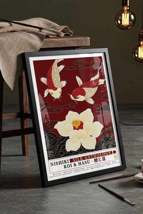 Koi Balığı Lotus Çiçeği Tablosu Kırmızı – NISHIKI Nakış Sanat Posteri – Siyah Çerçeveli