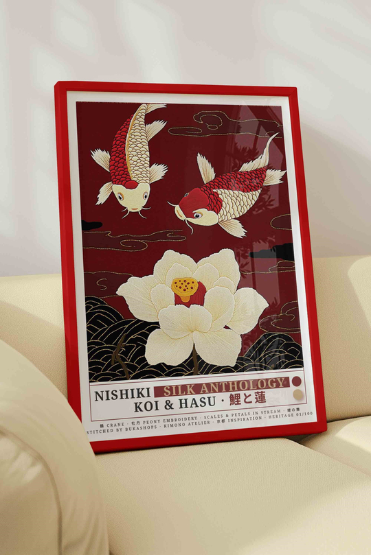 Koi Balığı Lotus Çiçeği Tablosu Kırmızı – NISHIKI Nakış Sanat Posteri – Kırmızı Çerçeveli
